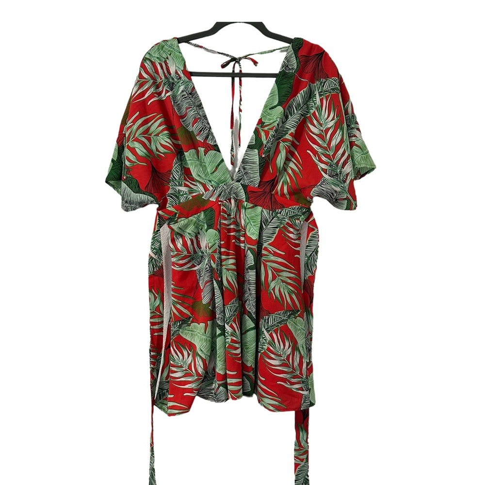 Floerns Women’s Tropical Print‎ Red Plunge Neck Tie Back Mini Dress Size M